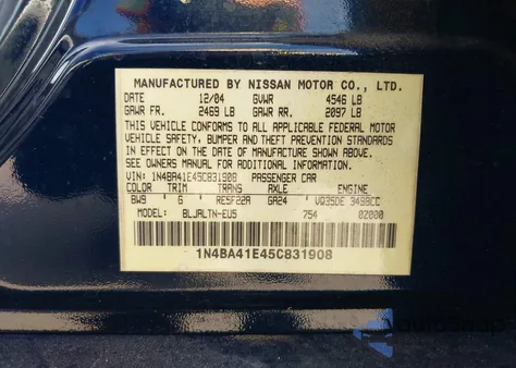 2005 Nissan Maxima 3.5 Se z USA, uszkodzony, nr VIN 1N4BA41E45C831908